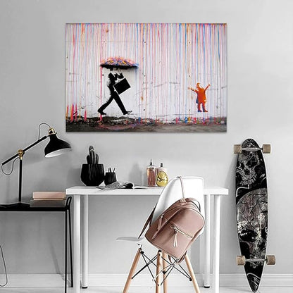 Yatsen Bridge Banksy Wall Art Canvas, Colorful Rain Picture, Graffiti Poster and Print Modern Pop Street Graffiti Home Decorations Ready to Hang - 44x28 inch
