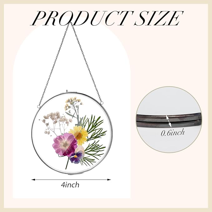 Qunclay 4 Pcs Double Glass Frame for Pressed Flowers Round Hanging Herbarium Floating Flower Press Frame Clear DIY Vintage Artwork Display holder(4 Inch,Black)