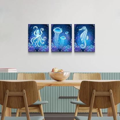 Lapremoly Blue Ocean Animal Seascape Canvas Prints Wall Art Paintings For Bedroom Framed Wall Decor for Living Room Ready To Hang Bathroom Wall Pictures Modern Home Decoration Artworks 3 Pieces