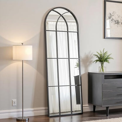 OGCAU Arched Full Length Mirror, 65"x22" Window Mirror, Floor Length Hanging or Leaning, Full Body with Iron Frame Window Pane for Bedroom Living Room (Black)