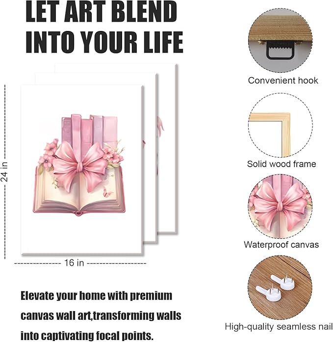 JBZZD Coquette Pink Bow Canvas Wall Art Set of 3,Book Lovers Gifts Preppy Decor Trendy Pink book Posters Pictures Prints Aesthetic for Girls Room College Apartment Living Room Bedroom Framed 16x24 In