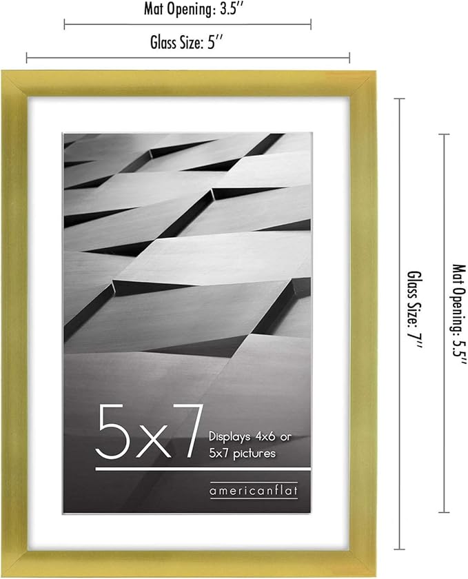 Americanflat 5x7 Picture Frame with Shatter-Resistant Glass - Use as 4x6 Frame with Mat or Display 5x7 Photo Without Mat - Streamline Collection - Picture Frames for Tabletop and Wall - Gold