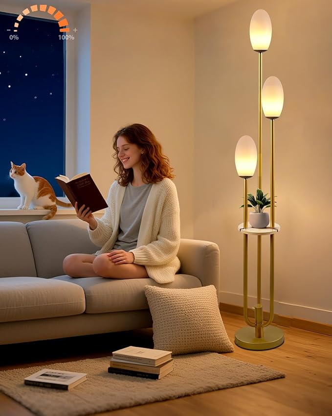 Gold Dimmable Floor Lamp with Table, UniqueTall Standing Lamps with 3000K G9 Bulbs for Reading, Mid Century Modern Floor Lamp with 5Lbs Heavy Base for Living Room Bedroom Office