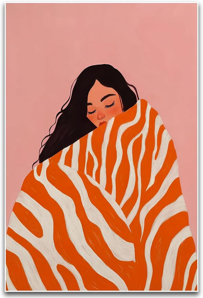 ZHBJSM Cozy Woman Wall Art Modern Soft Pastel Pink Orange Textured Blanket Gentle Calm Vibe Home Bedroom Living Room Warm Inviting Comfortable Interior Decor Statement Piece 16x24 Inch Unframed