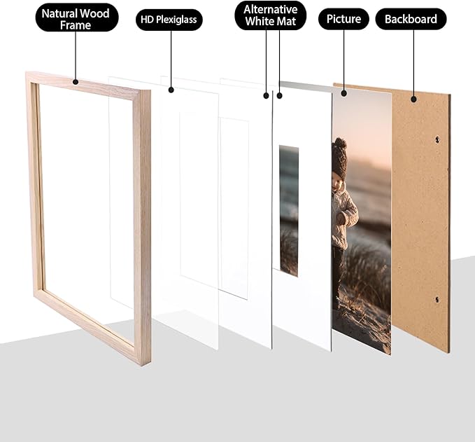 KINLINK 11x14 Picture Frame Natural, Solid Wood Frames 14x11 with Acrylic Plexiglass for Pictures 5x7/8x10 with Mat or 11x14 without Mat, Tabletop and Wall Display Photo Frame Set of 4