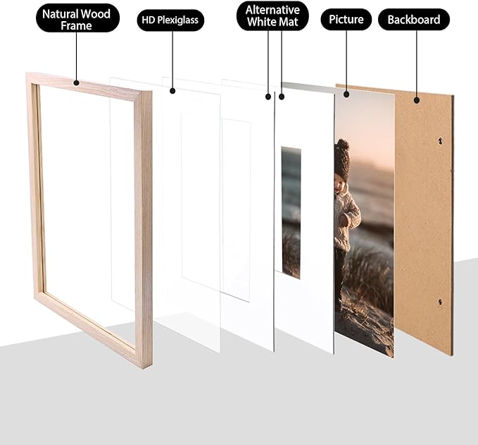 KINLINK 8x10 Picture Frame Natural, Solid Wood Frames with Acrylic Plexiglass for Pictures 4x6/5x7 with Mat or 8x10 without Mat, Tabletop and Wall Display Photo Frame, Set of 4