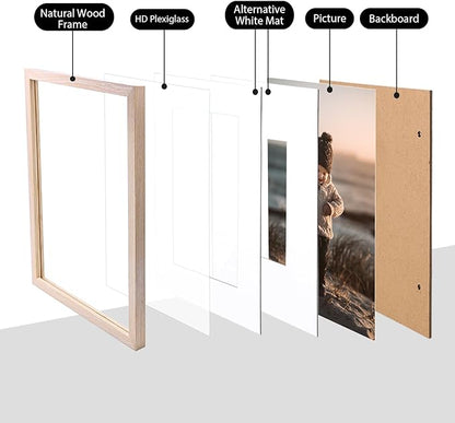 KINLINK 8x10 Picture Frame Natural, Solid Wood Frames with Acrylic Plexiglass for Pictures 4x6/5x7 with Mat or 8x10 without Mat, Tabletop and Wall Display Photo Frame, Set of 4