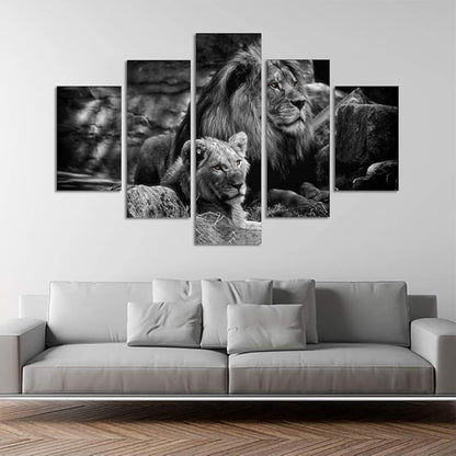 Yatsen Bridge Modern Lion and Lioness Canvas Wall Art 5 Panels Black and White Lions Painting Prints on Posters Easy to Hang for Home Decor - 60''W x 40''H