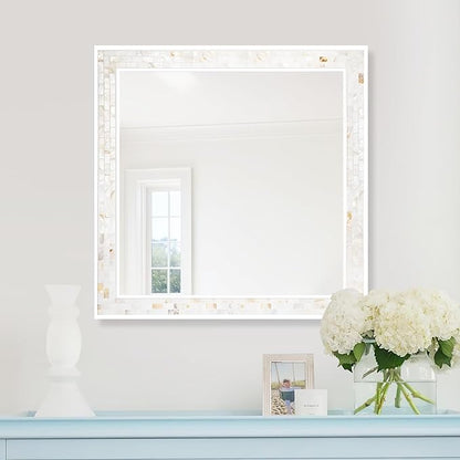 Tanmicoshomy 30 x 30 Inch White Rectangle Wall Mirror, Natural Shell Framed Rectangular Mirrors for Bathroom Bedroom, Living Room, Entryway, Wall Mounted Horizontal or Vertical