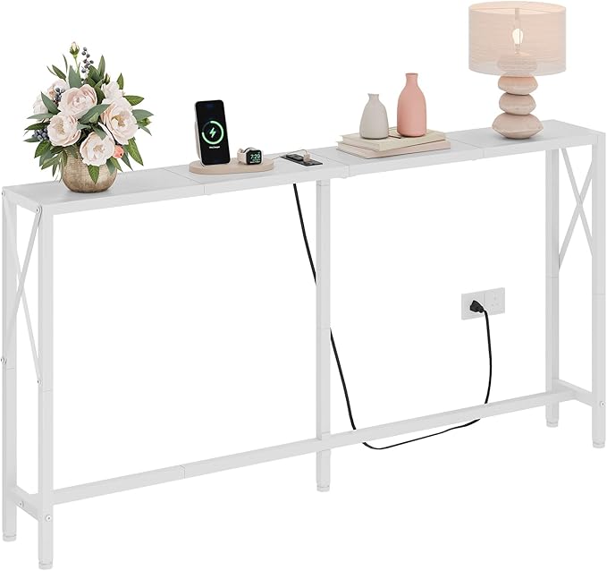 Gewudraw Console Table with Oulets and USB Ports, 55.1" Sofa Table Behind Couch, Industrial Long Skinny Stand for Hallway, Living Room, Bedroom, 6.5 Feet Power Cord, White