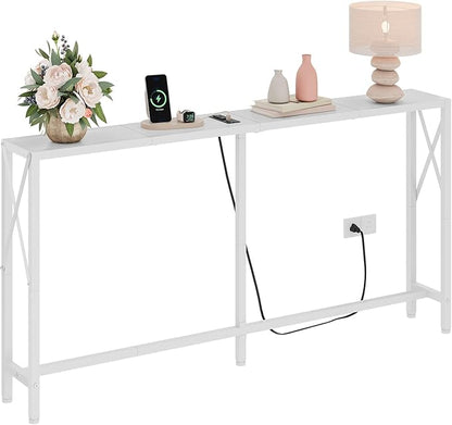Gewudraw Console Table with Oulets and USB Ports, 55.1" Sofa Table Behind Couch, Industrial Long Skinny Stand for Hallway, Living Room, Bedroom, 6.5 Feet Power Cord, White