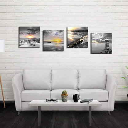 Bamdeya Black and White Gold Beach Wall Art Sea Sunrise Scenery Picture Canvas Print Framed Seascape Painting for Living Room Bathroom Wall Decor Home Decoration