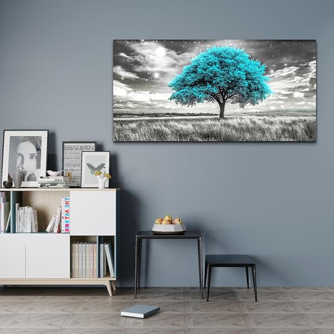KELIYUAN Large Canvas Wall Art For Living Room Wall Decor For Bedroom Corridor Blue Tree Natural Scenery Full Of Stars Black And White Modern Printing Dining Room Kitchen Home Decoration 30 "X 60"