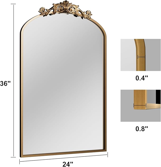 Traditional Vintage Gold Mirror, Antique Arched Mirror, Bronze Decor Wall Mirrors, Large Baroque Mirror with Aluminum Frame, Ornate Mirrors for Bathroom, Living Room, Fireplace (36"x24")