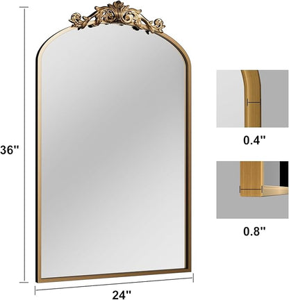 Traditional Vintage Gold Mirror, Antique Arched Mirror, Bronze Decor Wall Mirrors, Large Baroque Mirror with Aluminum Frame, Ornate Mirrors for Bathroom, Living Room, Fireplace (36"x24")