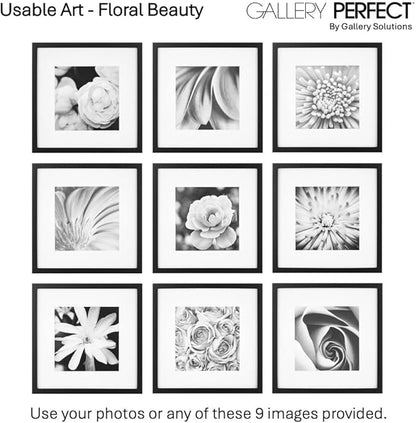 Gallery Perfect 12x12 Picture Frames, 9 Piece Set with Real Glass Cover for 8x8 Photos With Mat, Picture Frames Collage Wall Decor for Gallery Wall, Home Decor, Black