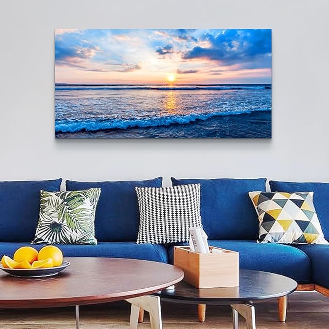 Wapluam Canvas Wall Art For Living Room Office Wall Decor Blue Beach Ocean Sea Waves Landscape Wall Painting Ready To Hang Bedroom Home Decorations Canvas Prints Posters Pictures Wall Mural Artwork