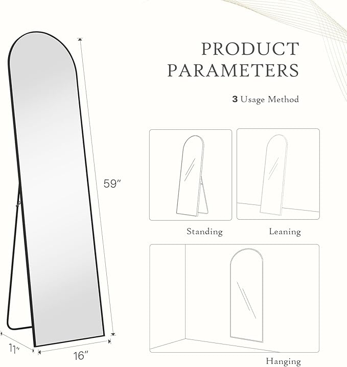 Arched Mirror Full Length, Upgraded 16"x59" Body Wall Mirrors with Shatter-Proof Glass, Floor Standing, Hanging or Leaning, Tall Mirror with Stand Aluminum Alloy Frame for Bedroom Cloakroom