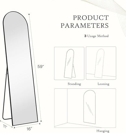 Arched Mirror Full Length, Upgraded 16"x59" Body Wall Mirrors with Shatter-Proof Glass, Floor Standing, Hanging or Leaning, Tall Mirror with Stand Aluminum Alloy Frame for Bedroom Cloakroom