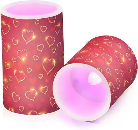 Valentines Lights Flameless Candles Valentines Glden Red Hearts Pillar Candles Set of 2 Battery Operated Remote Control Warm Lights Home Decor