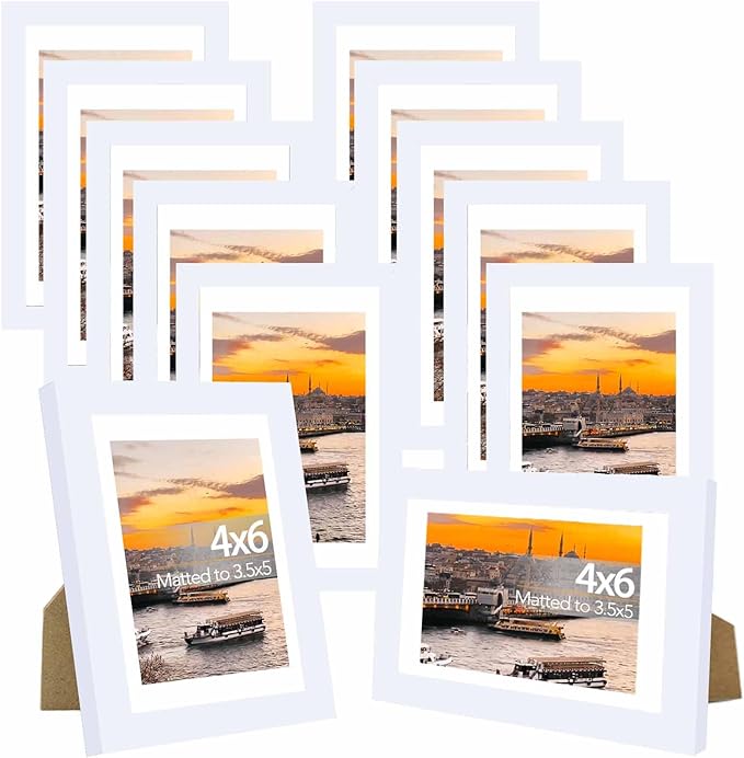 JCJMY 12 Packs 4x6 Picture Frames Bulk, Display 3.5x5 with Mat or 4x6 Without, White Gallery Frame Set, 4 by 6 Frames Bulk Set of 12, Collage Wall Decor Photo Frame Set for Wall and Tabletop, White