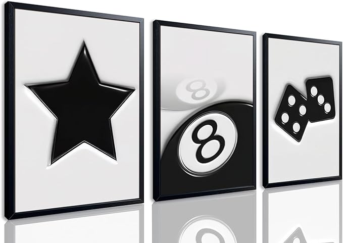 Black And White Wall Art Set of 3, Vintage Y2k Dice 8 Ball Canvas Prints Painting, Funky Lucky Preppy Posters Pictures For Game Room Apartment Dorm Teenager Room Wall Decor 12x16 Inch Framed
