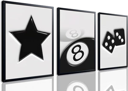 Black And White Wall Art Set of 3, Vintage Y2k Dice 8 Ball Canvas Prints Painting, Funky Lucky Preppy Posters Pictures For Game Room Apartment Dorm Teenager Room Wall Decor 12x16 Inch Framed