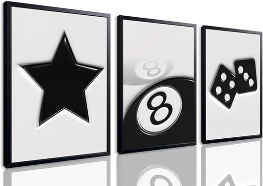 Black And White Wall Art Set of 3, Vintage Y2k Dice 8 Ball Canvas Prints Painting, Funky Lucky Preppy Posters Pictures For Game Room Apartment Dorm Teenager Room Wall Decor 12x16 Inch Framed