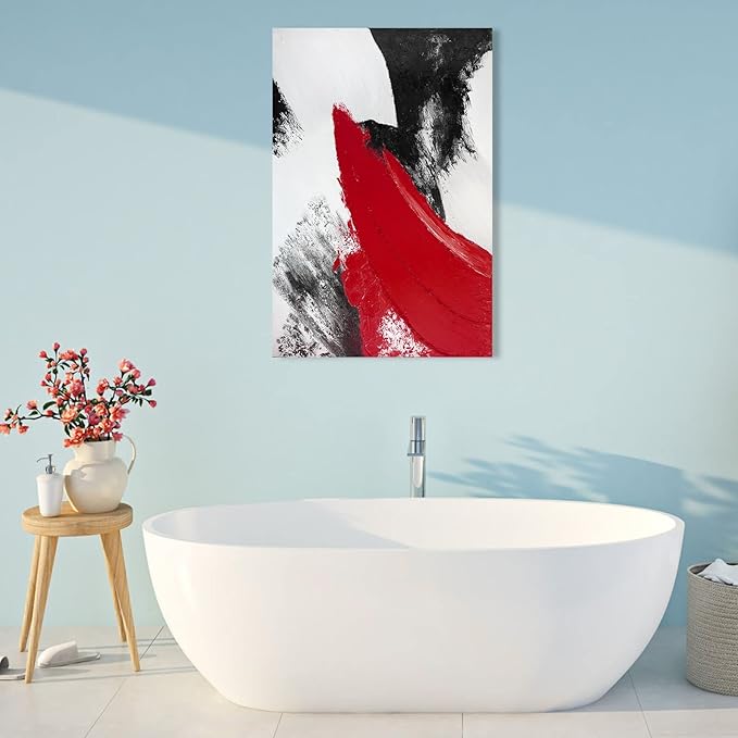 YPY Red Abstract Canvas Wall Art: Modern Minimalist Black and White Picture Handmade Textured Oil Painting Poster for Living Room Bedroom Bathroom Office Home Wall Decor 24x36