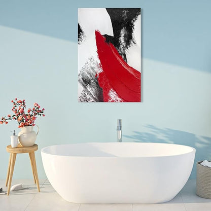 YPY Red Abstract Canvas Wall Art: Modern Minimalist Black and White Picture Handmade Textured Oil Painting Poster for Living Room Bedroom Bathroom Office Home Wall Decor 24x36