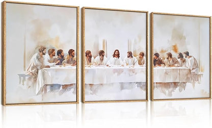 KAIRNE Jesus Last Supper Framed Canvas Wall Art Set, Christian Twelve Apostle Wall Decor, Bible Renaissance wall Painting, Religious Picture Art Print for Living Room, Bedroom, Church-12 x16 x3
