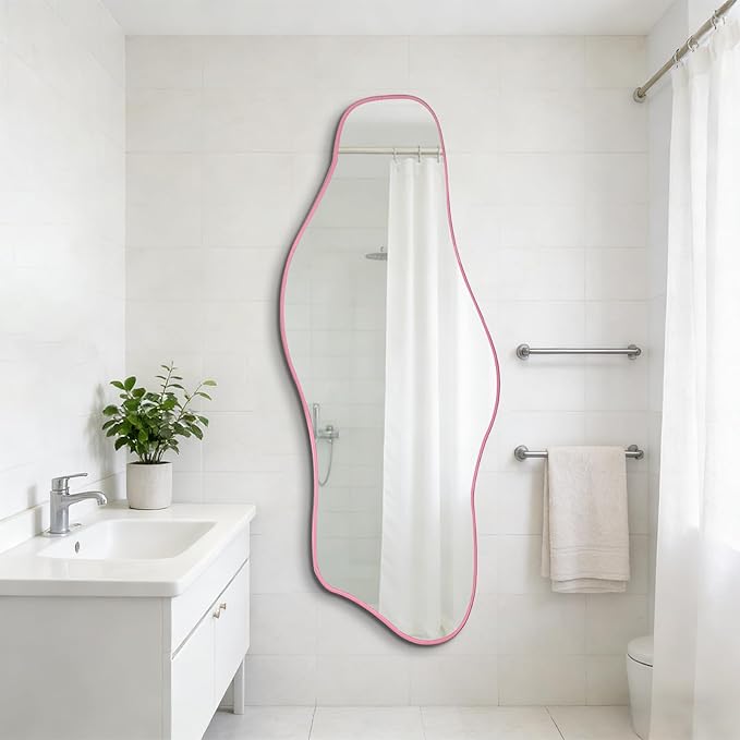 Large Irregular Mirror, 60"x24" Pink Asymmetrical Tempered Glass Mirror, Modern Organic Shape Frameless Mirrors for Living Room Bedroom Hallway Entryway, Horizontal or Vertical Hanging