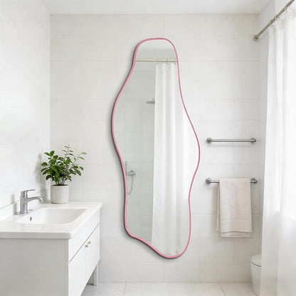 Large Irregular Mirror, 60"x24" Pink Asymmetrical Tempered Glass Mirror, Modern Organic Shape Frameless Mirrors for Living Room Bedroom Hallway Entryway, Horizontal or Vertical Hanging