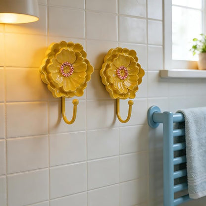 Guichifun Flower Shaped Decorative Wall Hooks - 2pcs Resin Yellow Vintage Decor Hanger for Keys, Bags, Towels Bathroom Living Room Kitchen Home Decoration Gift 4.3 x 2.2 x 6 Inch