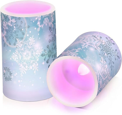 Christmas Lights Decorations Flameless Candles Silver Winter Teal Turquoise Snowflakes Christmas Pillar Candles Set of 2 Battery Operated Remote Control Warm Lights