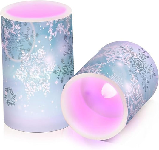 Christmas Lights Decorations Flameless Candles Silver Winter Teal Turquoise Snowflakes Christmas Pillar Candles Set of 2 Battery Operated Remote Control Warm Lights