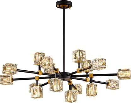 Modern Chandeliers for Dining Room, Black and Gold Crystal Ceiling Light Fixture for Living Room,16 Lights Large Sputnik Chandelier for High Ceilings Entryway,Kitchen Island,Foyer,Bedroom