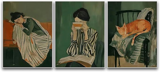 ZHBJSM Cozy Daily Life Wall Art Set of 3 Warm Muted Green Watercolor Boho Chic Modern Casual Sleeping Orange Cat Resting Woman Coffee Book Decor For Bedroom Living Room 12x16 Inch Unframed