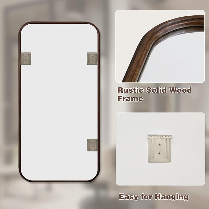 Niccy 47"×24" Wood Frame Rect Full Length Mirror, HD Long Wall-Mounted Mirrors, Large Body Hanging Mirrors for Living Room, Explosion-Proof Decorative Vanity Mirrors for Entryway, Bedroom, Red Walnut