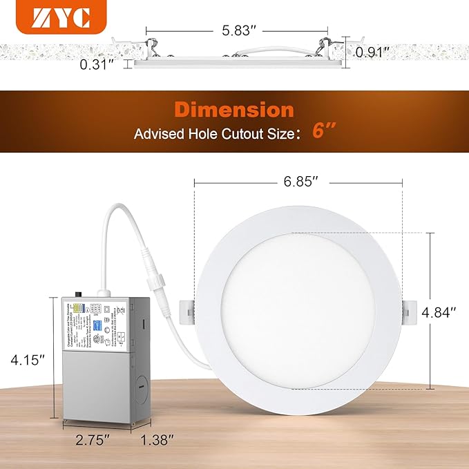 ZYC Recessed Lighting 6 Inch - 12W 1100LM LED Recessed Ceiling Light with Night Light,2700K/3000K/4000K/5000K/6000K Selectable Ultra-Thin Lighting,Dimmable Canless Wafer Downlight,Pack of 12（Black）.