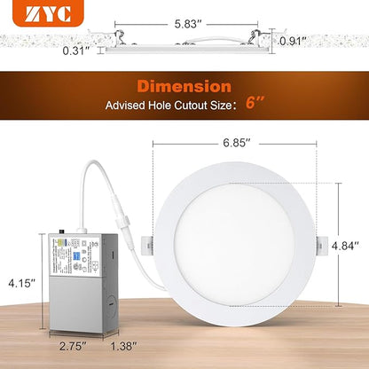 ZYC Recessed Lighting 6 Inch - 12W 1100LM LED Recessed Ceiling Light with Night Light,2700K/3000K/4000K/5000K/6000K Selectable Ultra-Thin Lighting,Dimmable Canless Wafer Downlight,Pack of 12（Black）.