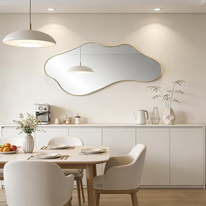 Large Irregular Mirror, 55"x25.6" Asymmetrical Mirrors with Gold Metal Frame, Modern Unique Shaped Abstract Mirror for Living Room Bathroom Bedroom Entryway, Hangs Horizontal Or Vertical