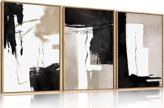 Black White Brown Framed Canvas Wall Art Set, Neutral Geometric Wall Decor, Modern Abstract Wall Painting, Minimalist Artworks for Living Room, Bedroom, Dining Room, Office-16 x24 x3