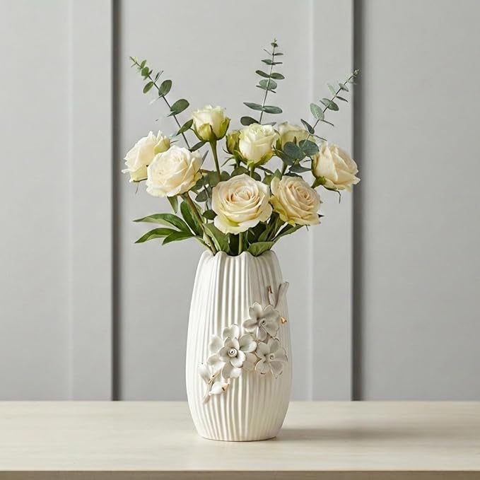 White Ceramic Vase - 9 Inch 3D Modern Vase for Centerpieces, Minimalist Decorative Vases Home Decor, Bathroom, Shelf, Kitchen, Living Room, Table Decor