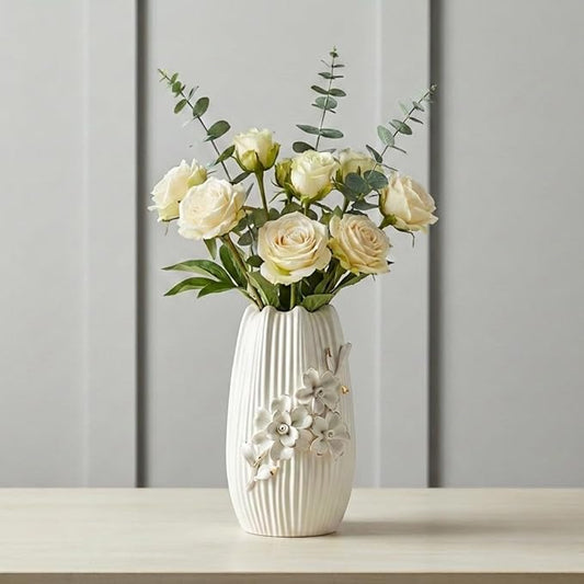 White Ceramic Vase - 9 Inch 3D Modern Vase for Centerpieces, Minimalist Decorative Vases Home Decor, Bathroom, Shelf, Kitchen, Living Room, Table Decor