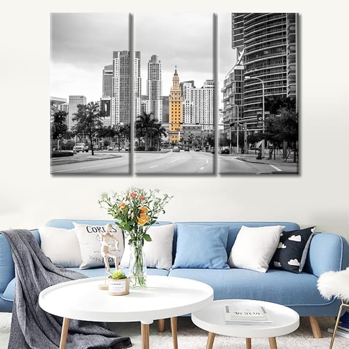 TUMOVO Miami Cityscape Wall Decor 3 Piece City Skyscrapers Skyline Pictures Wall Decor Living Room American Cityscape Modern Artwork Print on Canvas Ready to Hang (36" Wx24 H)