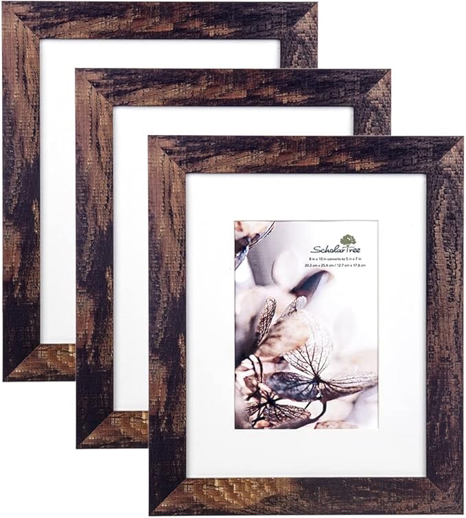 brown 8x10 Picture Frame set of 3,Display 8x10 without Mat or 5x7 with Mat Wall Gallery Photo Frames