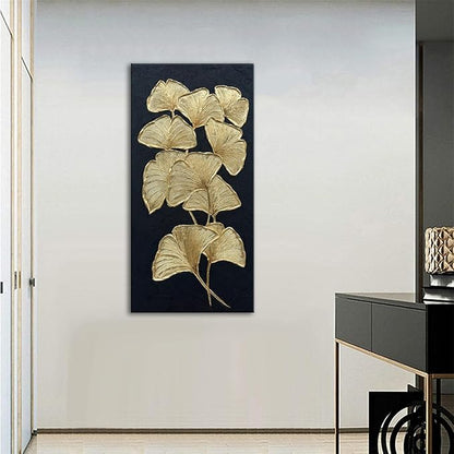 Slyart Large Gold Gingko Paintings Vertical Textured Wall Art, Gold and Black 3D Abstract Oil Painting on Canvas Wall Art Ready to Hang