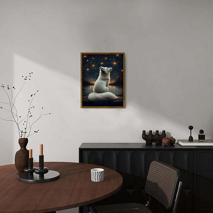 Djmwtb Framed Fox Wall Art Wildlife Animal White Fox Paintings Wall Decor Starry Night Sky Canvas Art Prints Whimsical Nature Aesthetic Pictures Artork for Living Room Bedroom 16x24in