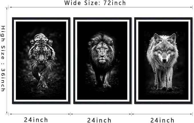 Tiger Lion Wolf Walking Framed Canvas Wall Art Ferocity Wildlife Animals Poster Wall Decor for Country Living Room Office Modern Black White Animal Artwork Decoration Easy to Hand 24x36inchx3pcs